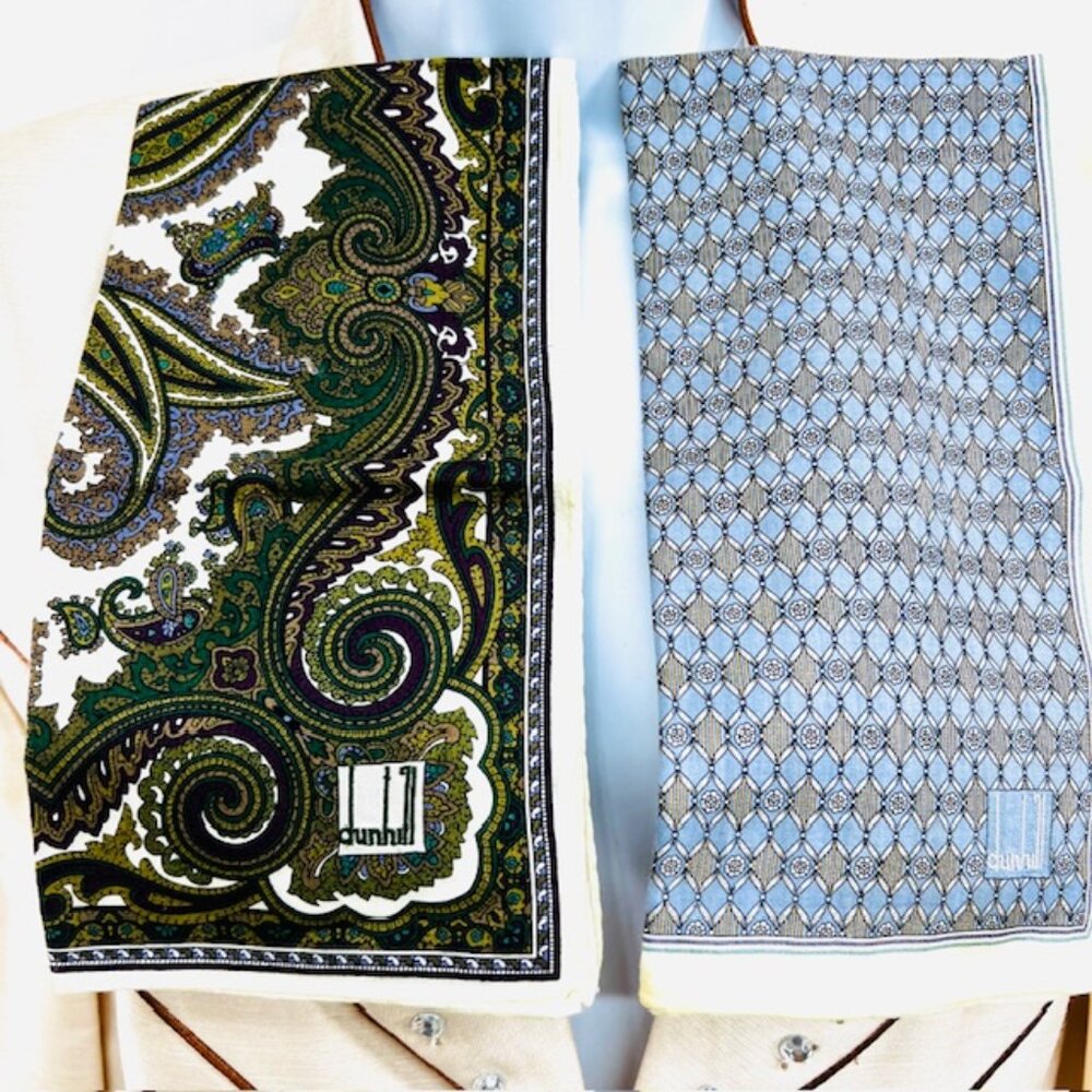 Set of 2 Unused DunHill Hankderchief Cotton Silk 19" Embroidered Green Gray(93)